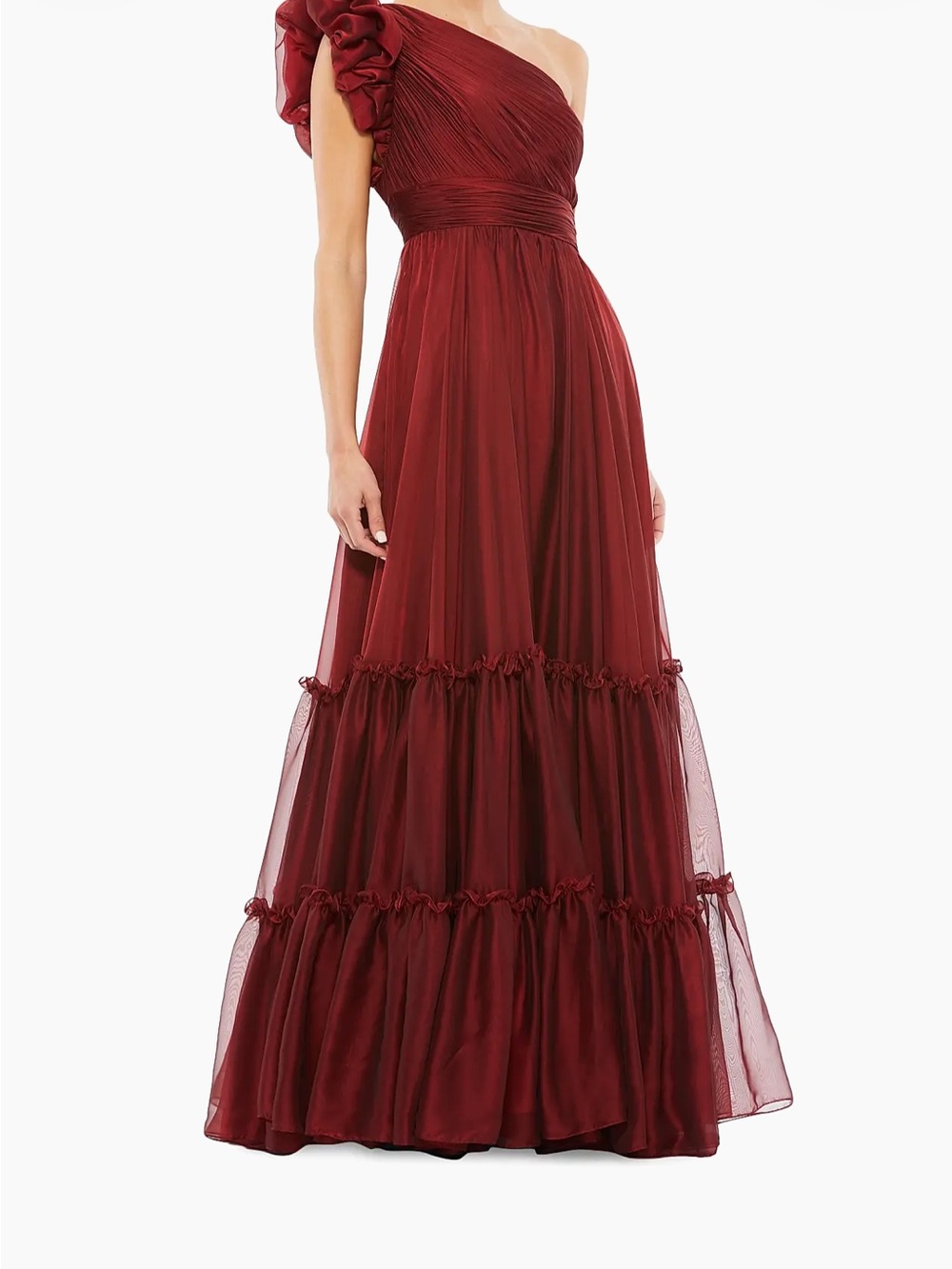 Mac Duggal One-Shoulder Wine Red Ruffled Evening Gown